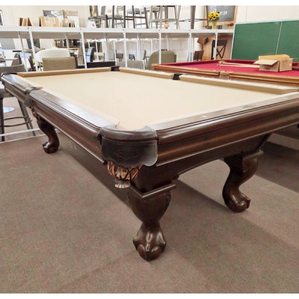 Brunswick Billiards Camden used 9 foot pool table in Espresso finish with carved legs and natural slate Code: TABLELIQ140OTT 
Made with solid Ash Wood engineered woods in Moka Brown finish, Ball and Claw solid wood legs, natural quarried 1 inch slate, ge