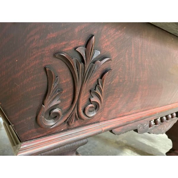 Another picture of an extremely rare Antique Brunswick Billiards 9 foot Pool Table from the late 1800's with Mahogany finish, carved details and appliqués