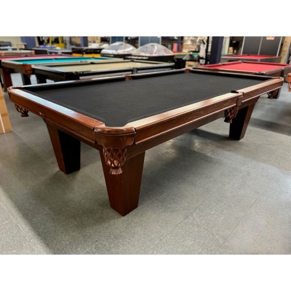 Palason Dawson 9 foot pool table floor model with Walnut Brown and Black finish 1 inch slate Code : TABLE425PAL9P
Made in Canada with solid North American wood and engineered wood, genuine leather pockets and natural quarried slate. 
Includes a 1 year w