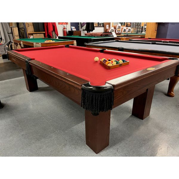 Palason Deluxe 4 x 8 foot used pool table with Moka finish, 1 inch thick slate, genuine leather pockets and Brunswick Centennial McIntosh Red Teflon protected billiard cloth. Made in Canada with solid Oak hardwood and real Oak veneer and square legs Code 