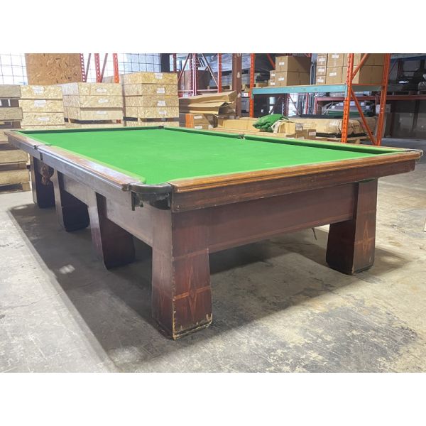 Antique British Billiard Company 6 x 12 foot format snooker table in excellente condition with refinished walnut rails, new rubber, 8 tapered legs with marquetry, serial #29167, 2