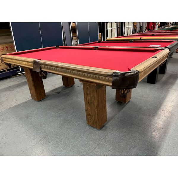 Majestic Billiards Sutton 8 foot pool table made with solid North American and European Hardwood and Wood veneer, 
1 inch thick natural quarried Slate playing surface, Square Legs, 
genuine leather pockets and Championship Burgundy Teflon protected bill