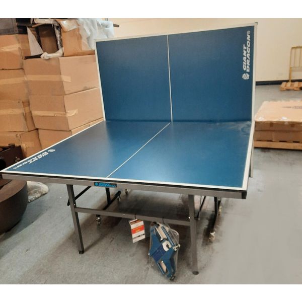 Demonstrator model Ace 4 ping pong table regulation full size 5'x9' format with blue surface and strong frame.