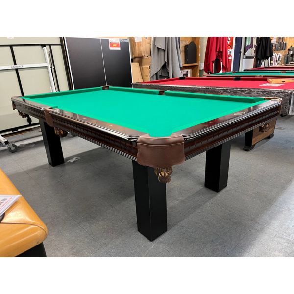 Majestic 8 foot pool table floor model with solid hardwood Walnut finish rails 3/4 inch slate with Green felt Code : TABLE396MAG8P Made with solid North American and European hardwood rails, engineered wood structure and legs with black finish and genuine