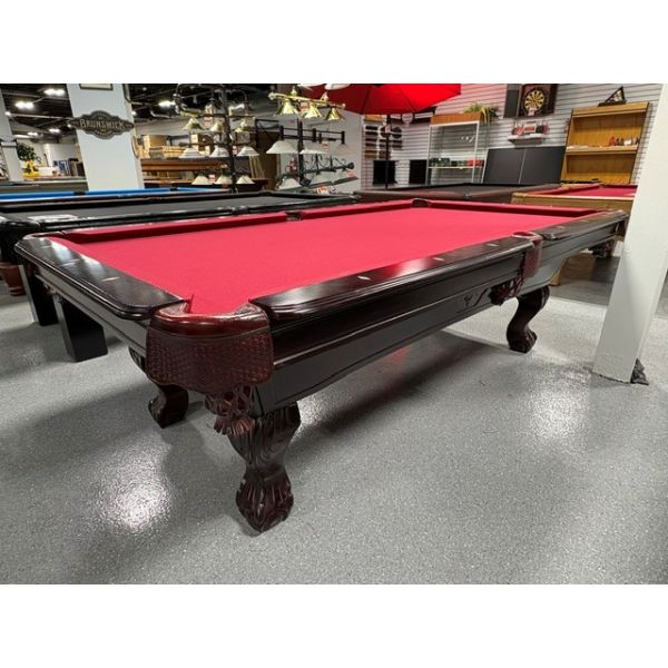 Used 8 foot Imperial brand Pool Table with 1 inch slate and Burgundy Billiard cloth Code : TABLE476IMP8P
Made with solid hardwood and engineered woods with Mahogany finish, natural quarried 1 inch slate and Championship Invitational Teflon protected bill