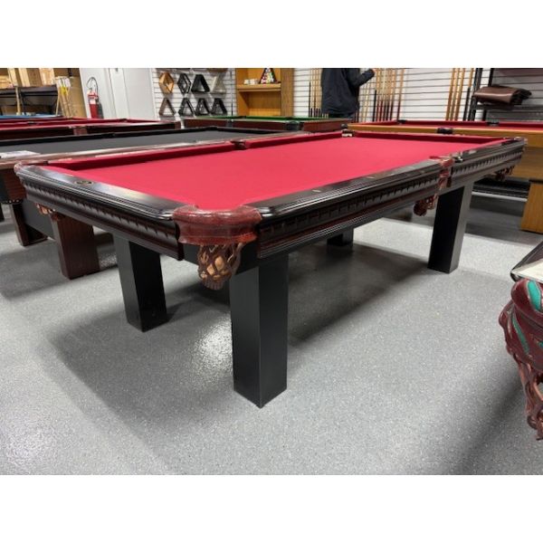 Demonstrator Majestic 8 foot natural quarried 1 inch slate pool table Code: TABLE482MAJ8P
Made with hardwood and engineered woods in Two Tone Black and Walnut finish with brand new Championship Invitational Teflon stain protected Burgundy billiard cloth.