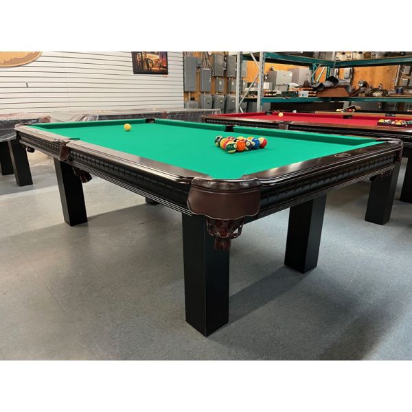 Majestic Demonstrator floor model 8 foot Two-Tone Black and Mahogany pool table with natural quarried slate and Green felt Code : TABLE483MAJ8P
Made with solid North American and European Hardwoods, natural quarried 3/4 inch slate, genuine leather pocket