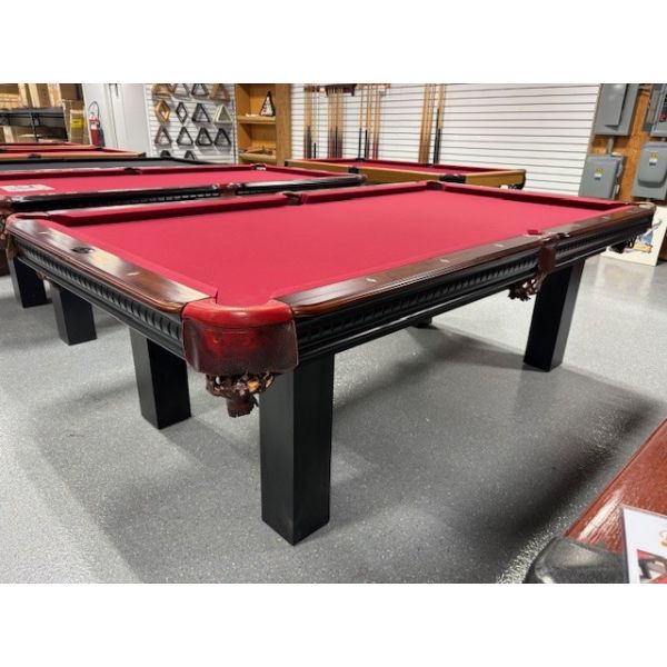 Demonstrator Majestic 8 foot natural quarried 1 inch slate two-tone finish Black and Walnut pool table Code: TABLE495MAJ8P
Made with European and North American hardwood, genuine leather pockets and brand new Red Andy 600T Club stain protected billiard p