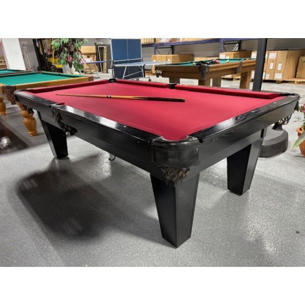 Palason Laurentian 8 foot used pool table with 1 inch thick natural slate Code : TABLE506PAL8P
Made with 1 inch thick slate, hardwood and engineered wood in Black finish, tapered legs, genuine leather black pockets and Burgundy billiard cloth. Code :  TA
