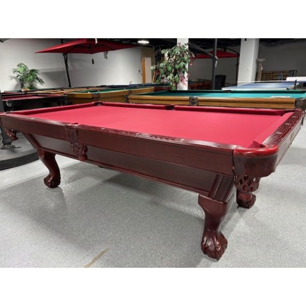 Used Canada Billiard Americana 8 foot pool table with 1 inch thick slate and carved ball and claw legs Code: TABLE509CBB8F. 
Made of solid hard woods and engineered woods, genuine leather pockets, 1 inch thick slate and genuine leather pockets. 
Include