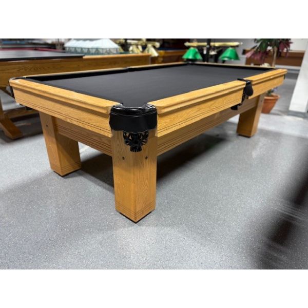 Palason Santa Fe 8 foot Medium Oak finish natural quarried 1 inch slate used pool table Code: TABLE539PAL8
Made with hardwood, genuine leather pockets and brand new Black Andy 600T Club stain protected billiard professional style fast cloth.