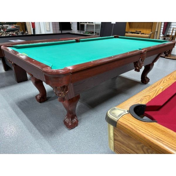 Used 8 foot Canada Billiard Americana 1 inch thick slate Pool Table with Green Moori 500 cloth Code TABLE611CBB8P
Made with solid hardwood with Walnut finish, carved ball and claw legs, genuine leather pockets, natural quarried 1 inch slate and Moori 500