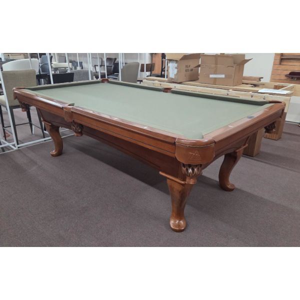 Legacy Stallion 8 foot used pool table with natural 1 inch thick slate and Queen Anne legs Code: TABLELIQ121-OTT 
Made with a combination of hardwood and engineered woods. Includes a 1 year warranty, an Olive Teflon protected billiard cloth and a used bi