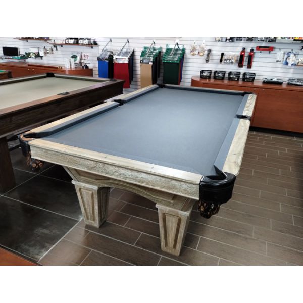 Brunswick Allenton 8 foot rustic pool table in driftwood finish Demonstrator store floor model, featuring solid wood rails, Brunswick-certified premium one inch thick slate, pearlized diamond-shaped sights enhance the experience. Made from superior engine