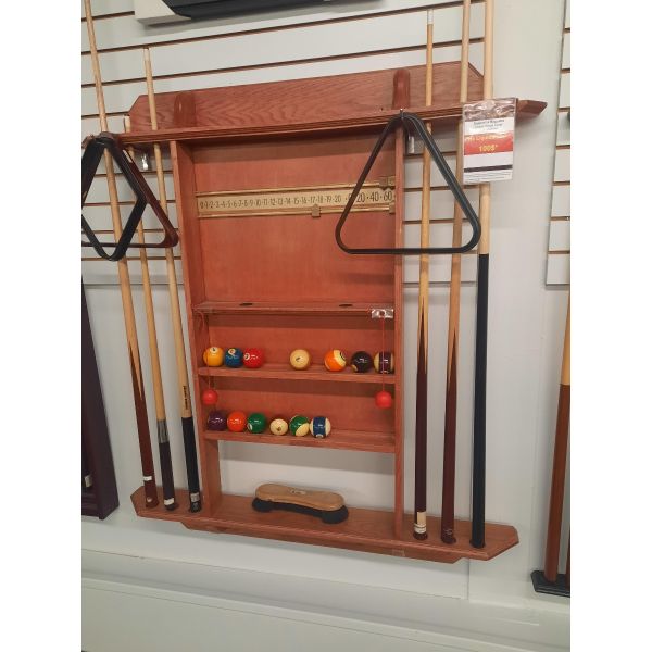 Used pool cue and billiard ball rack with built-in score keeper