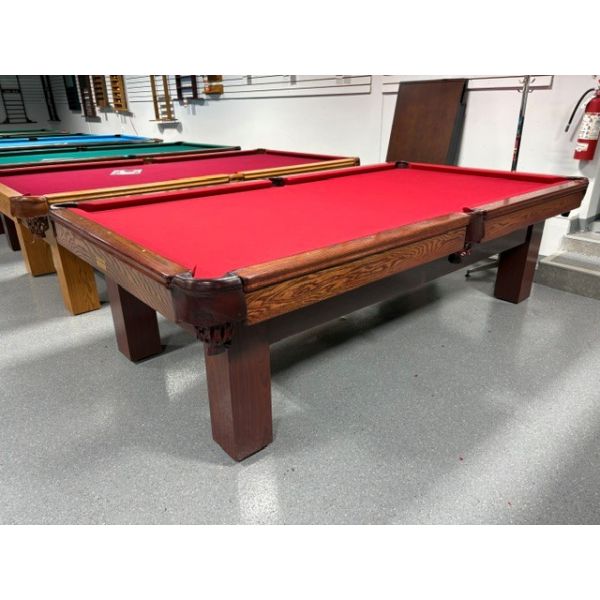 Used 9 foot Palason Deluxe model Pool Table with 1 inch slate and Burgundy Red Billiard cloth Code : TABLE502PAL8P
Made with solid hardwood and Natural Oak Veneered engineered woods with Mahogany finish, natural quarried 1 inch slate and Championship Inv