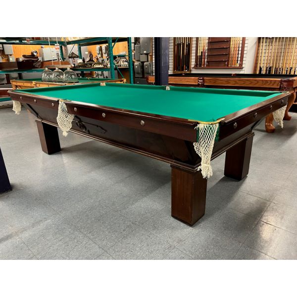 Brunswick Monarch 9 9 x 4½ foot used antique pool table with 1 inch thick slate and Championship Invitational Green Teflon Protected billiard cloth. Made in Canada Circa 1940 of solid Oak hardwood with Mahogany finish, square legs and classic vintage styl