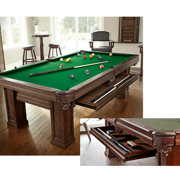 Brunswick Oakland 8 foot pool table with 1 inch thick slate and Green Championship Invitational Teflon protected billiard cloth colour. Made of solid hardwood and liminate veneer wood Code : TABLELIQ120 
Includes a manufacturer lifetime limited warranty.