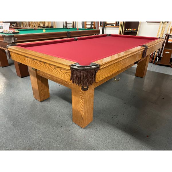 Palason Deluxe 4 x 8 used pool table with Medium Oak finish, hardwood rails, real Oak veneer pannels, square legs, natural quarried one inch thick slate