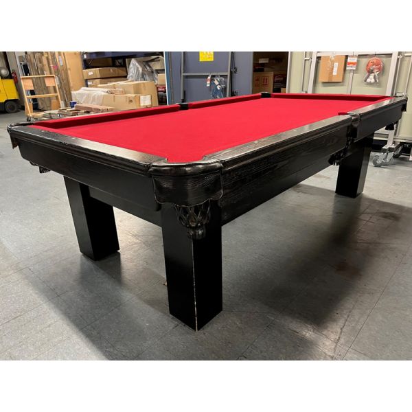 Palason Deluxe 8 foot used pool table with 1 inch thick slate and Championship Invitational Red billiard cloth. Made of solid hardwood and laminate veneer wood with Black finish and genuine leather pockets Code : TABLELIQ119 
Includes a 1 year warranty a