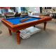 Chevillotte Billiards 7 foot used pool table made in France with Dinning Top. Features 1 inch slate playing surface, inset leather pockets and a removable three-piece dining table surfaces that can be used as a desk or food service area. Includes a one ye