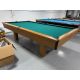 Palason Billiard 9 foot used pool table with 1 inch thick natural slate Code : TABLE469PAL9P
Made with 1 inch thick slate, wood laminate and engineered wood with Oak finish, rectangular legs, inset pockets and Green billiard cloth.  
Includes a 1 year w