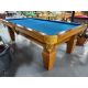 Medium Oak finish 8 foot natural quarried 1 inch slate used pool table with carved wood relief accents Code: TABLE548NN8
Made with hardwood, genuine leather pockets and brand new Simonis Blue professional competition style fast Blue cloth.