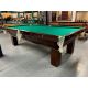 Brunswick Monarch 9 9 x 4½ foot used antique pool table with 1 inch thick slate and Championship Invitational Green Teflon Protected billiard cloth. Made in Canada Circa 1940 of solid Oak hardwood with Mahogany finish, square legs and classic vintage styl