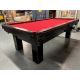Palason Deluxe 8 foot used pool table with 1 inch thick slate and Championship Invitational Red billiard cloth. Made of solid hardwood and laminate veneer wood with Black finish and genuine leather pockets Code : TABLELIQ119 
Includes a 1 year warranty a