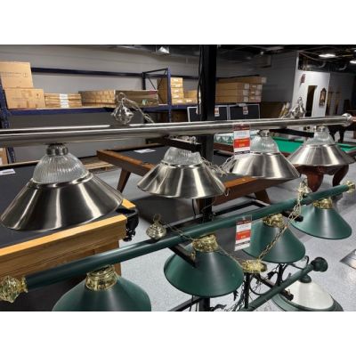 Billiard or snooker lamp with 4 stainless steel finish shades for better lighting distribution 